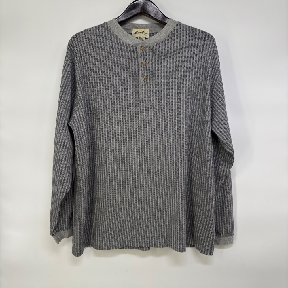 Eddie Bauer Mens Large Grey Blue Striped Long Sleeve Cotton Henley Shirt